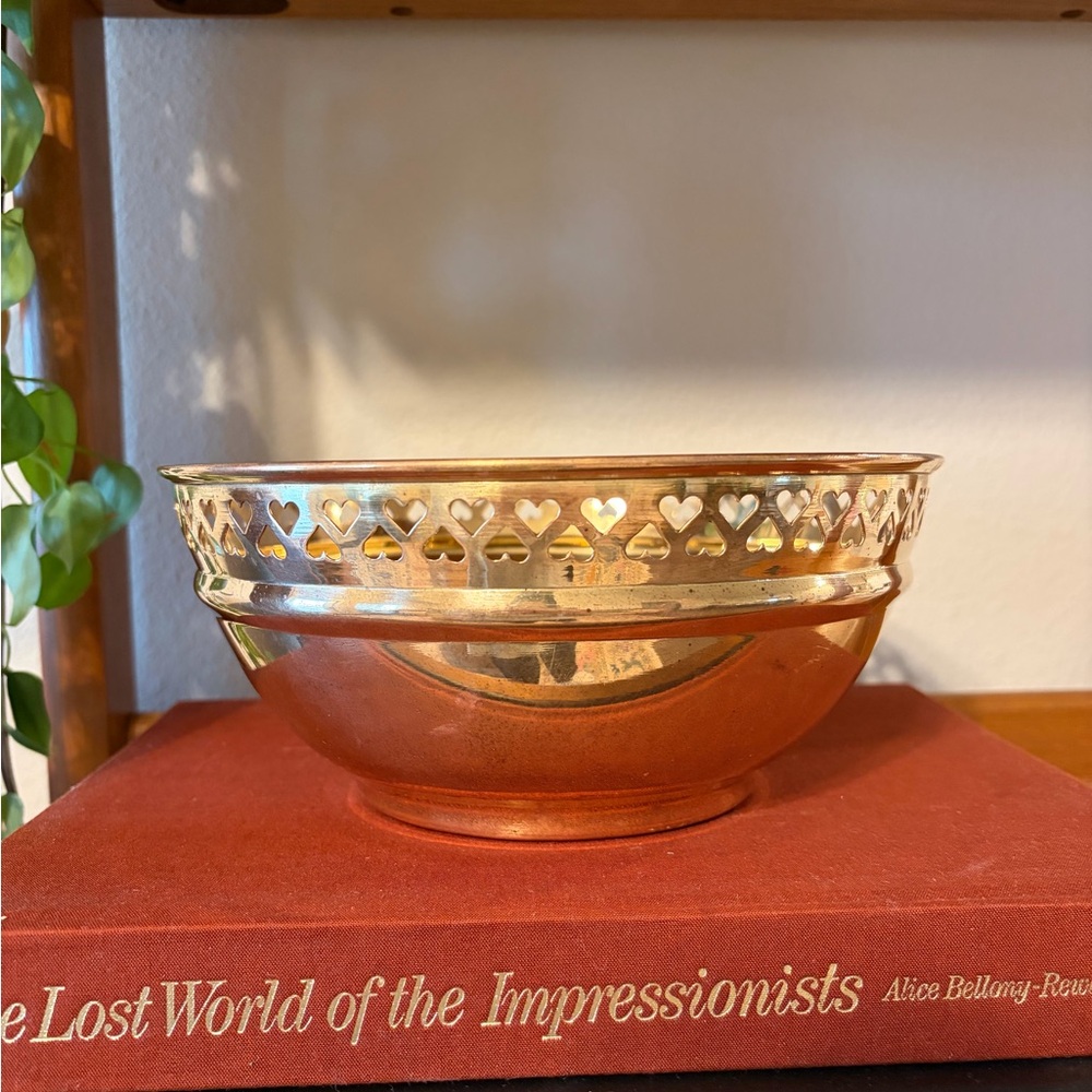 Vintage Brass Bowl Planter Pot with Heart Cutouts - Picture 2 of 10